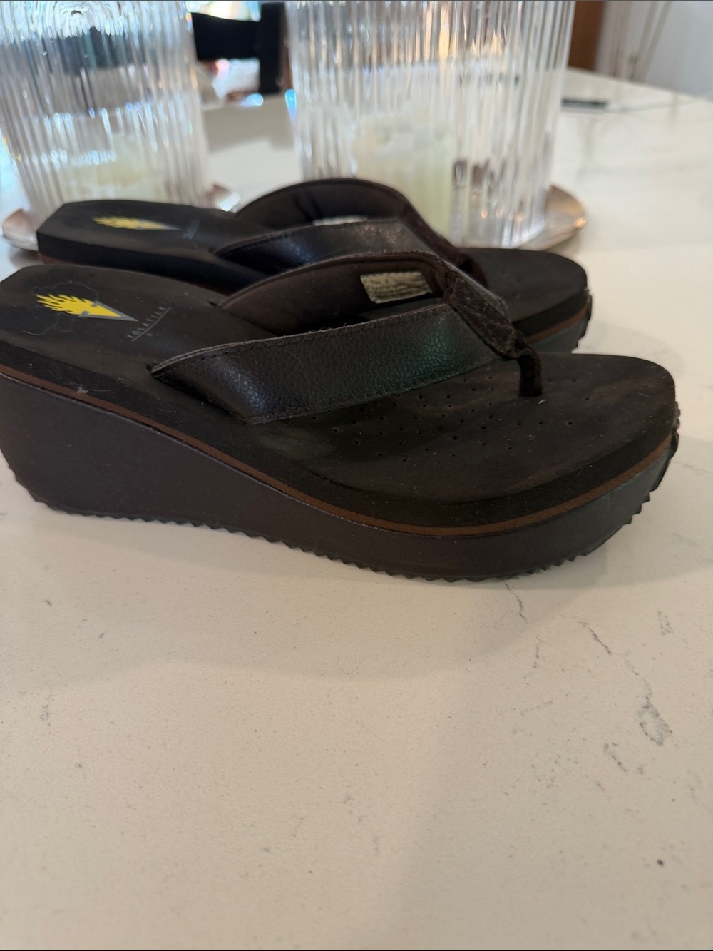 Volatile Black Platform Wedge Flip Flops
